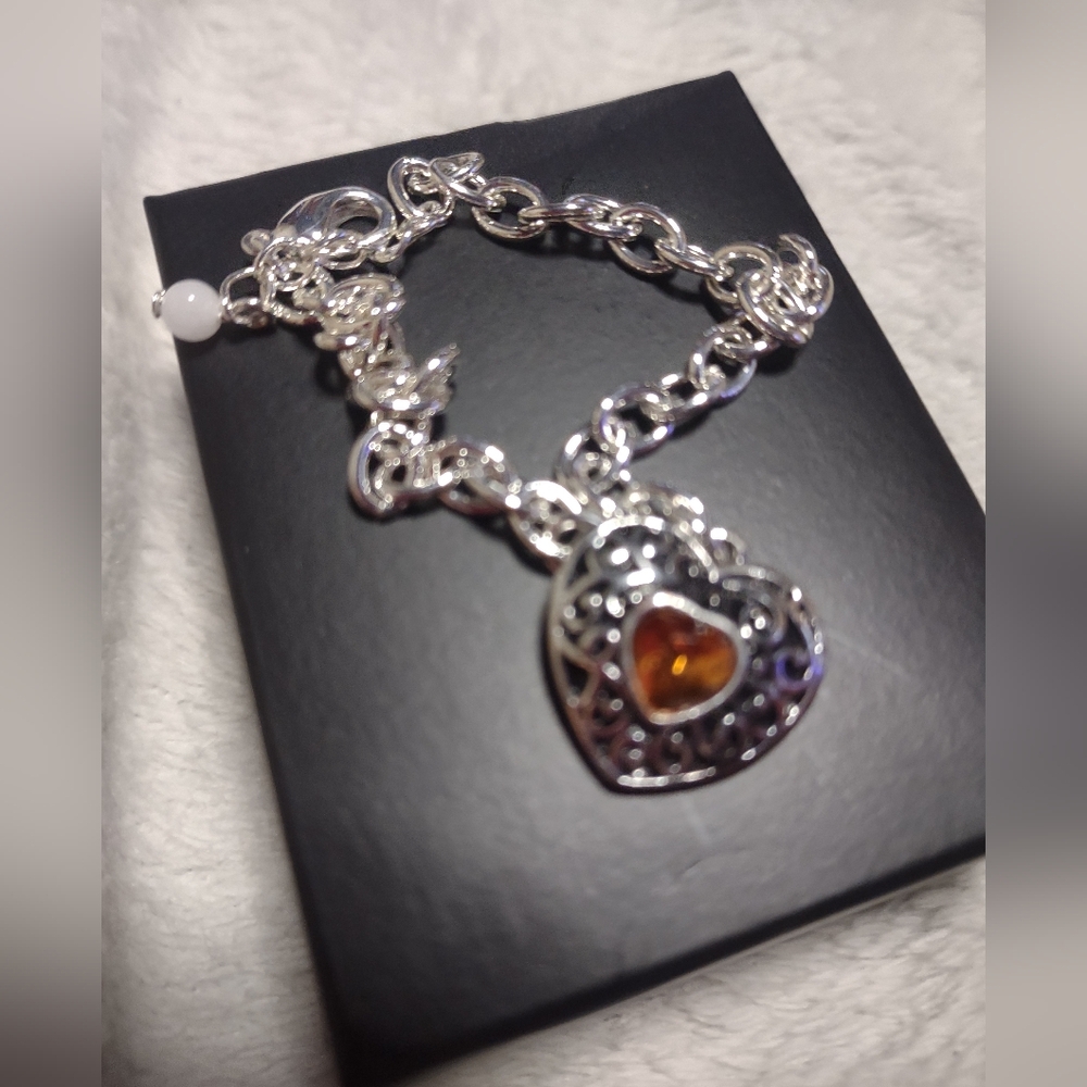 Elegant Silver Bracelet with Heart and Amber Charm